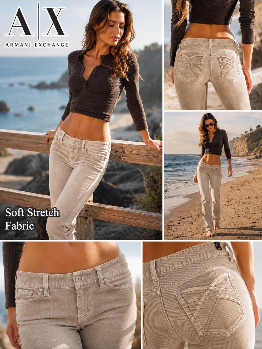Armani A/X Stretch Corduroy Low Rise Fitted Straight Leg Jeans 🌸 Like New - Tan